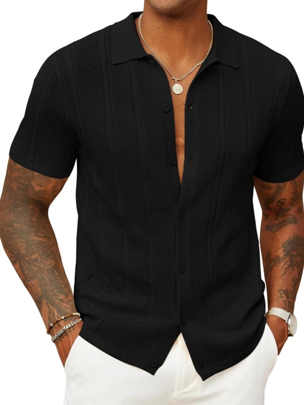 Men’s Black Knit Button-Down Polo Summer Beach Casual Top Shirt